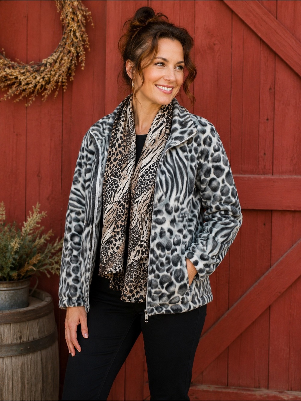 Alfred Dunner Animal Print Fleece Jacket & Scarf Set M Leopard Zebra Y2K